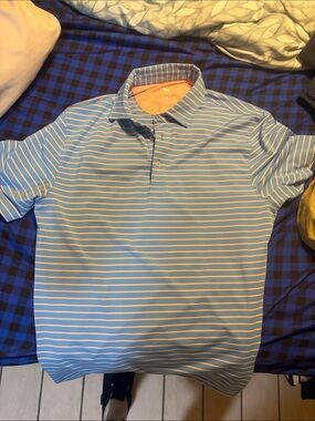 Simply Southern Light Blue and White Striped Polo with Peach Collar Lining
